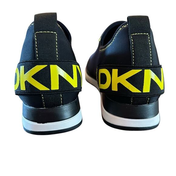 DKNY Jolie-Slip On Sneakers Neoprene Black Neon Yellow Logo NEW 7.5 - Picture 5 of 11